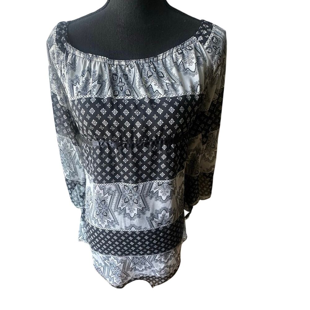Boho Black White Peasant Top XL Off Shoulder Paisley Geometric Chic Style